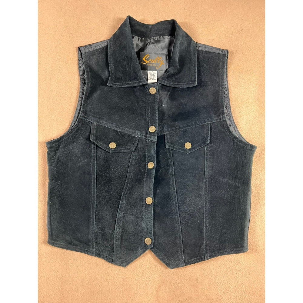 Vintage Scully Suede Leather Western Vest Sheriff Buttons Belt Back Black Size M